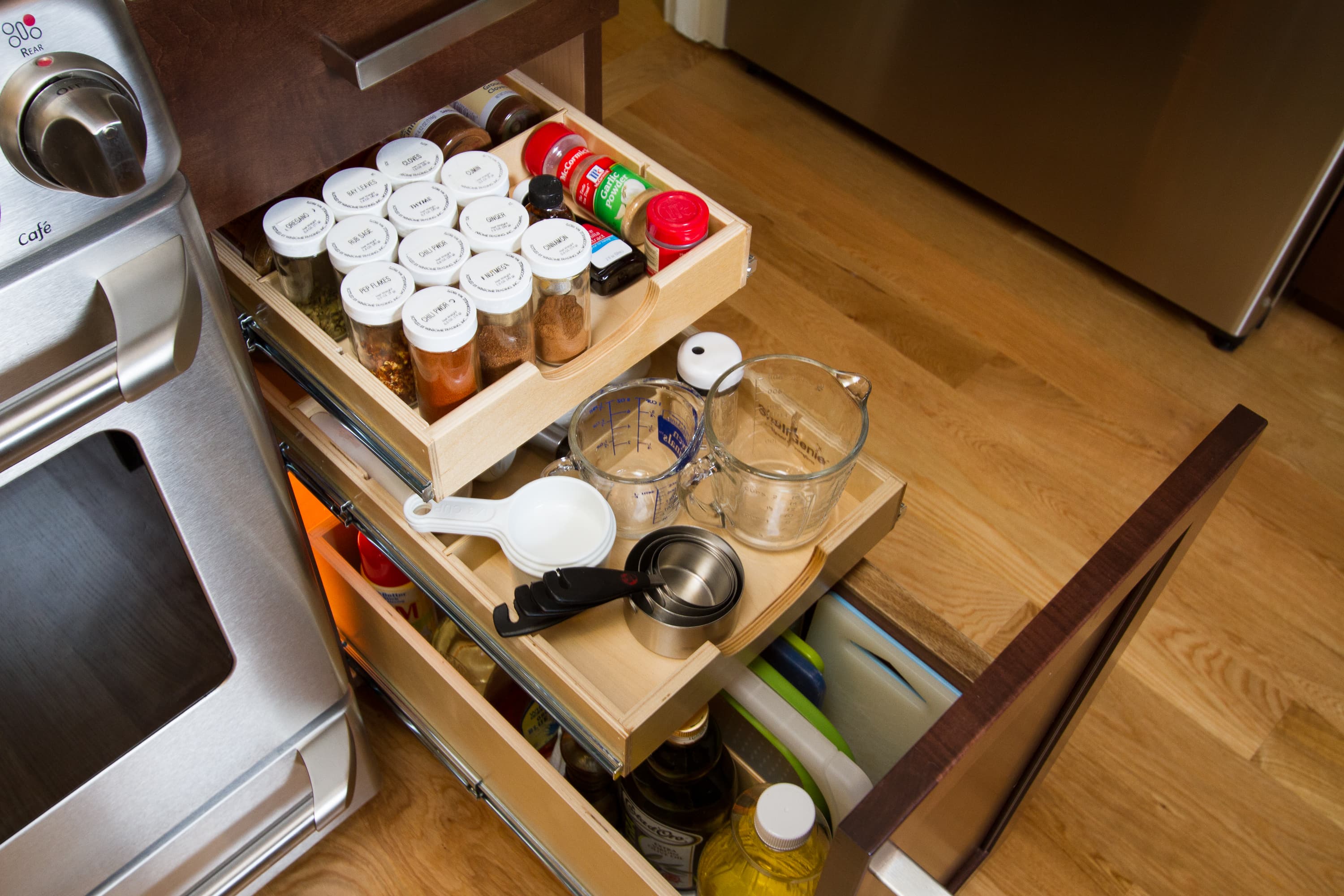 Kitchen cabinet after custom pull-out shelf installation