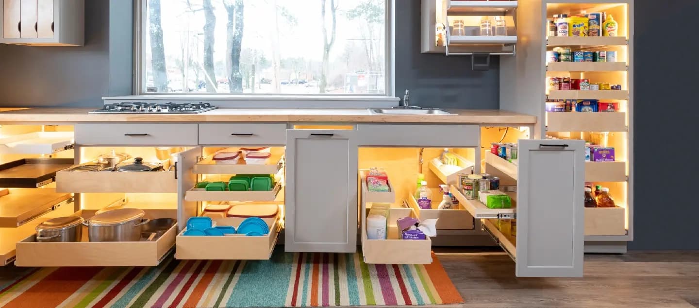 Beautiful kitchen with custom pull-out shelving installed in cabinets