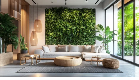 A living room with a plant wall and a couch
AI-generated content may be incorrect.