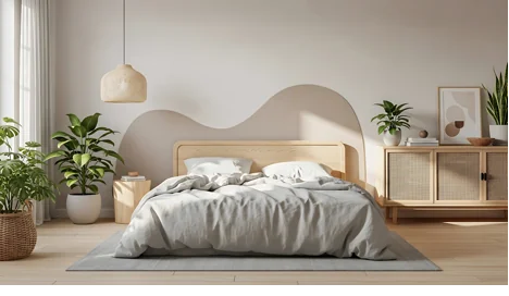 A bed with a wooden headboard and a lamp
AI-generated content may be incorrect.